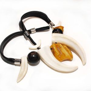 Contemporary Tribal Necklace with Massive Amber Stone and Warthog Tusks (Tetyana Lypka)
