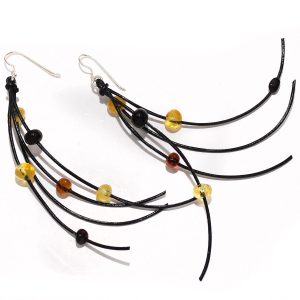 Sterling silver statement earrings with leather and natural amber (Tetyana Lypka)