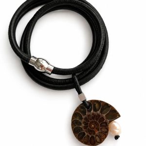 Contemporary naturalist necklace with Ammonite fossil and freshwater pearl (Tetyana Lypka)