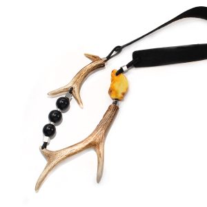 Long statement necklace with Natural Amber and shed Deer antlers (Tetyana Lypka)