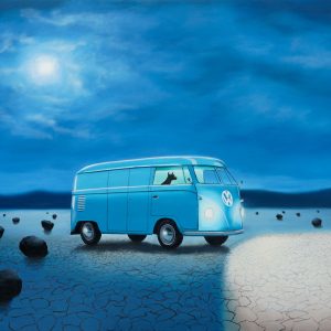 VW Bus with Dog on a Moonlit Night (Stephen Perry)